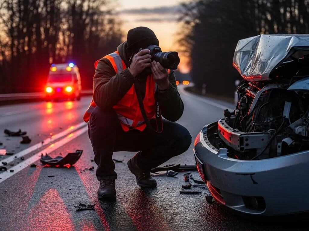 Individual documenting an accident scene with photographs, highlighting evidence collection
