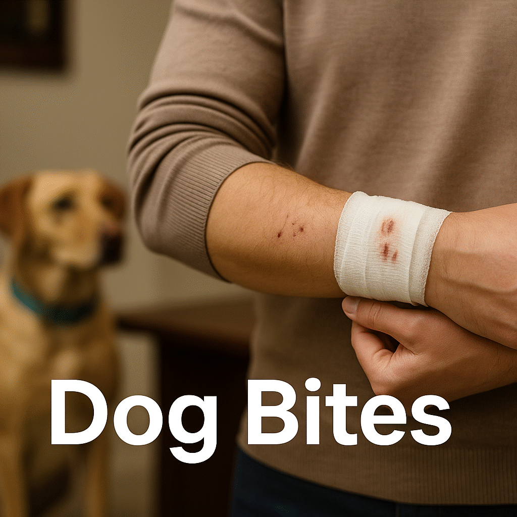 Dog bite injury to arm and wrist, bandaged, with dog in background and "Dog Bites" text overlay.