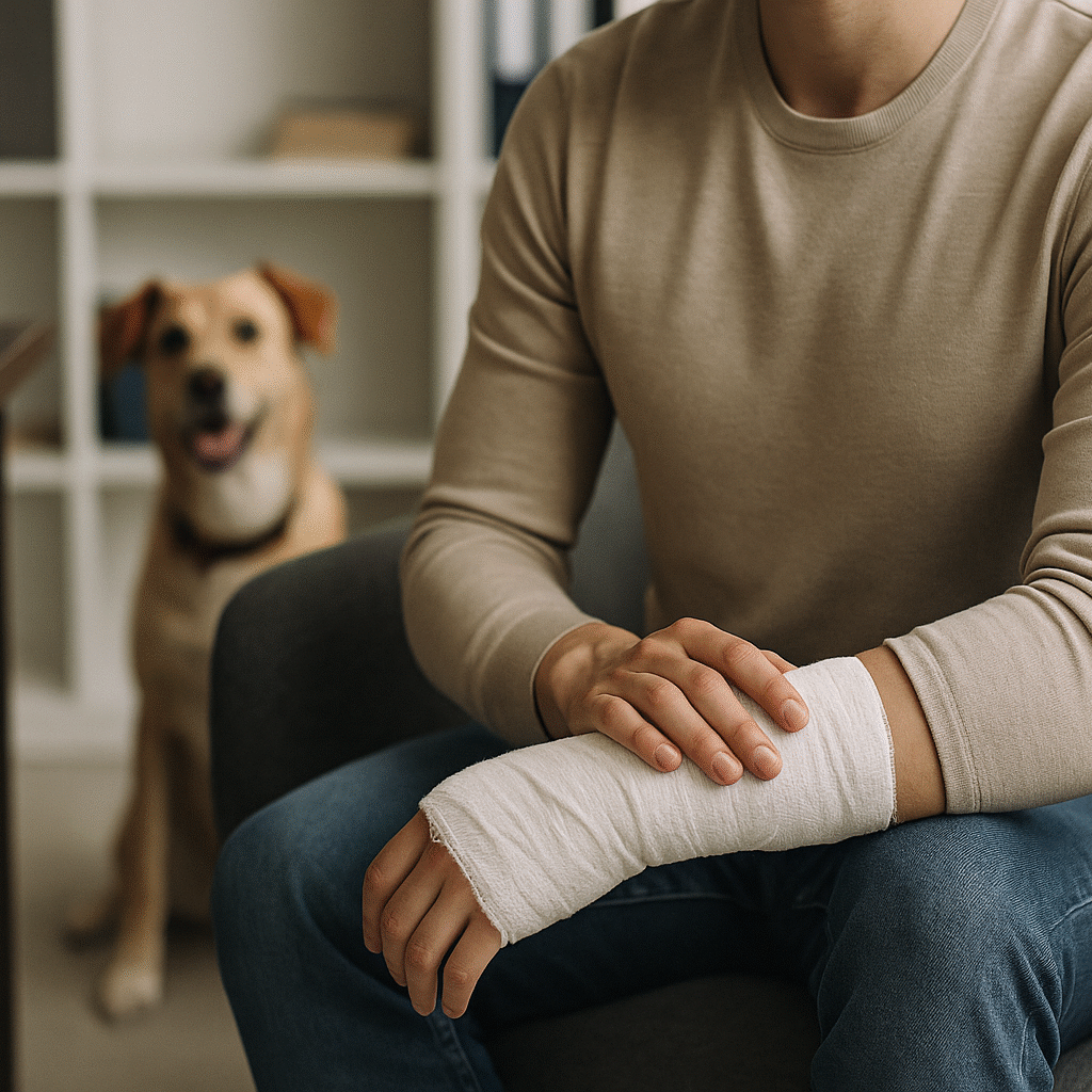 Injured man with bandaged arm and dog in background representing dog bite trauma and legal claims in Michigan.
