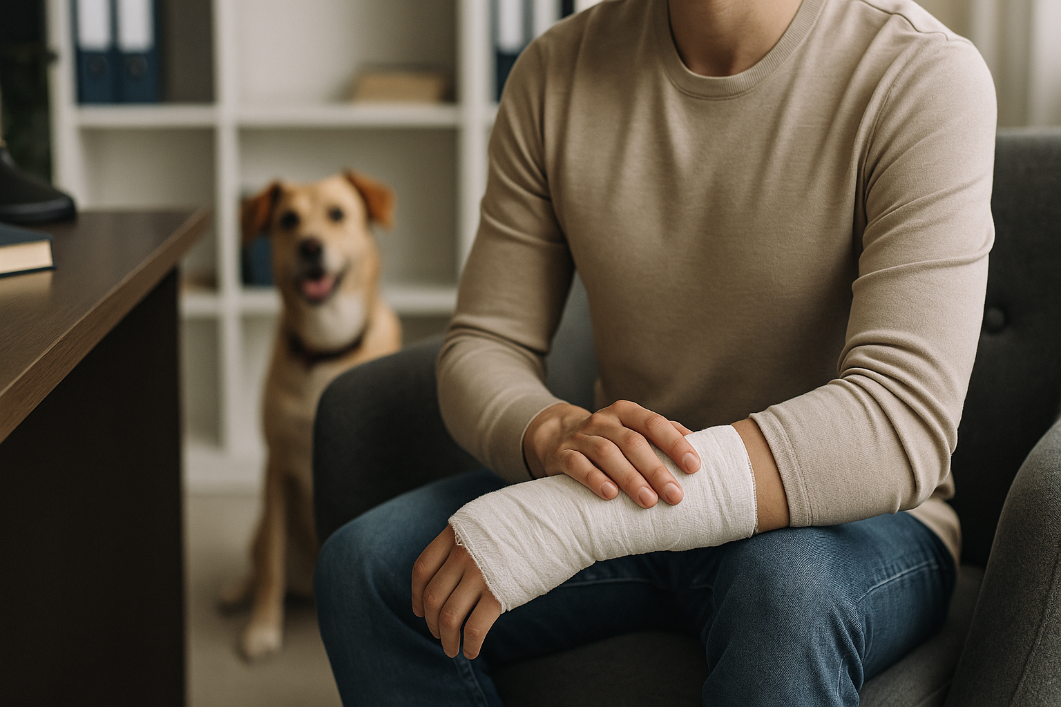 Man with injured arm and dog representing personal injury cases in Royal Oak MI.