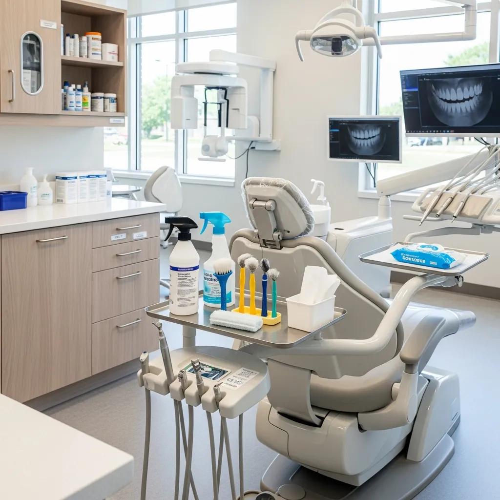 Clean dental operatory with organized cleaning supplies and equipment highlighting infection control measures