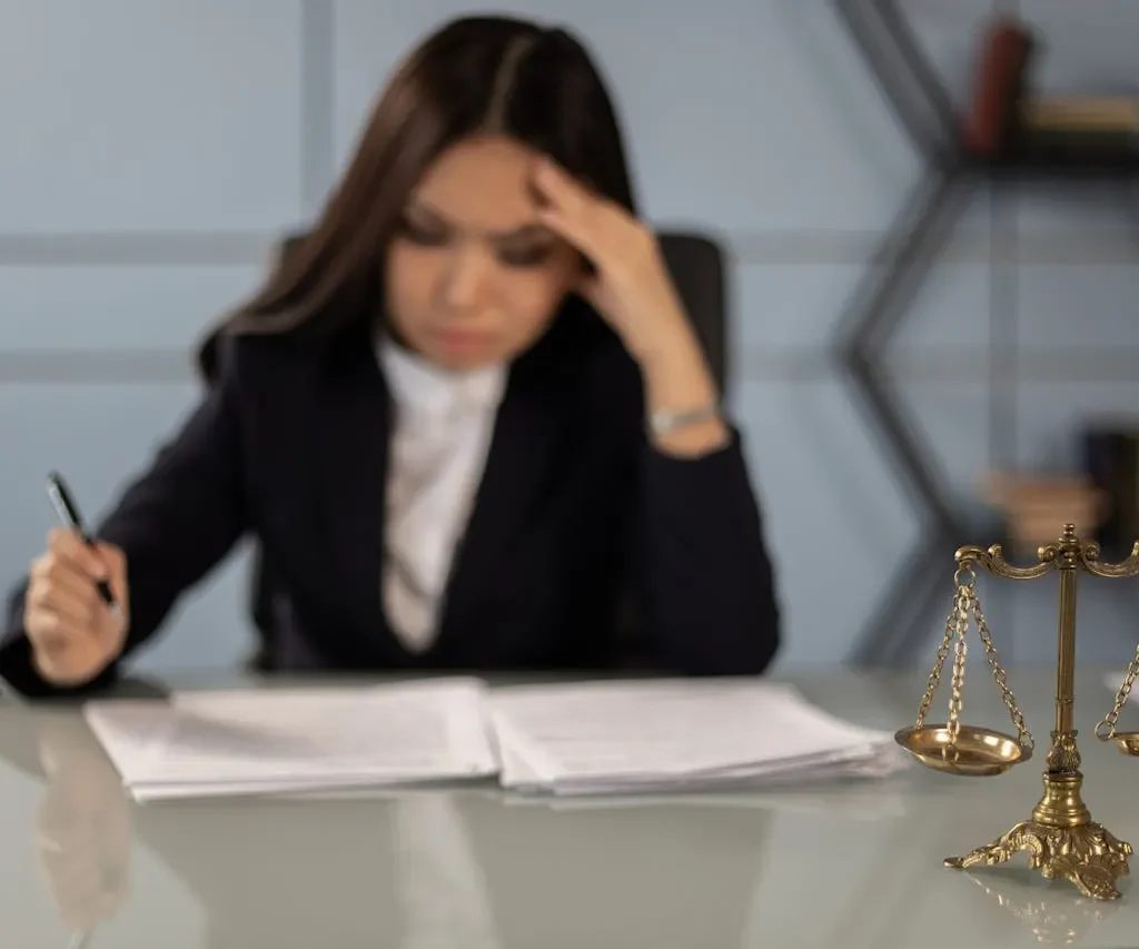 Stressed lawyer reviewing documents with scales of justice in foreground.