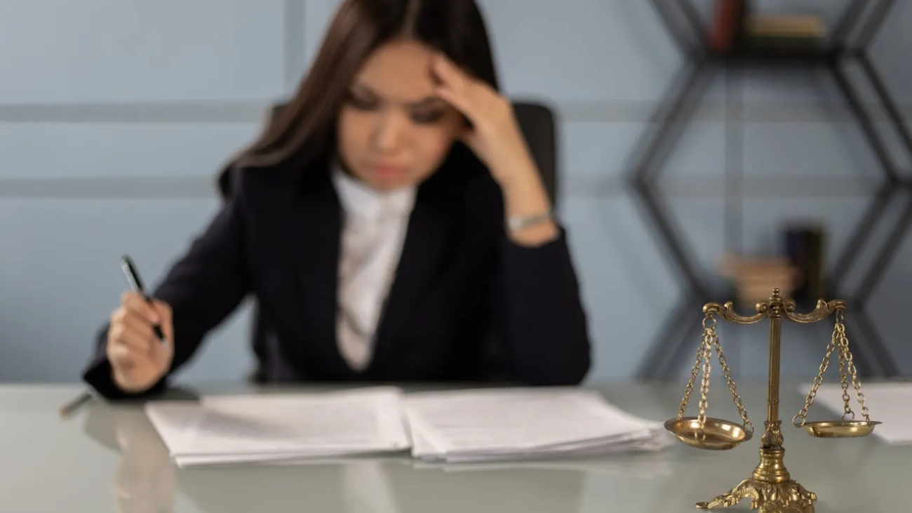 Stressed lawyer reviewing documents with scales of justice in foreground.