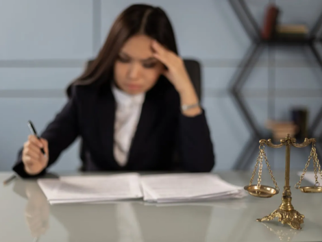 Stressed female lawyer holding head while reviewing case files