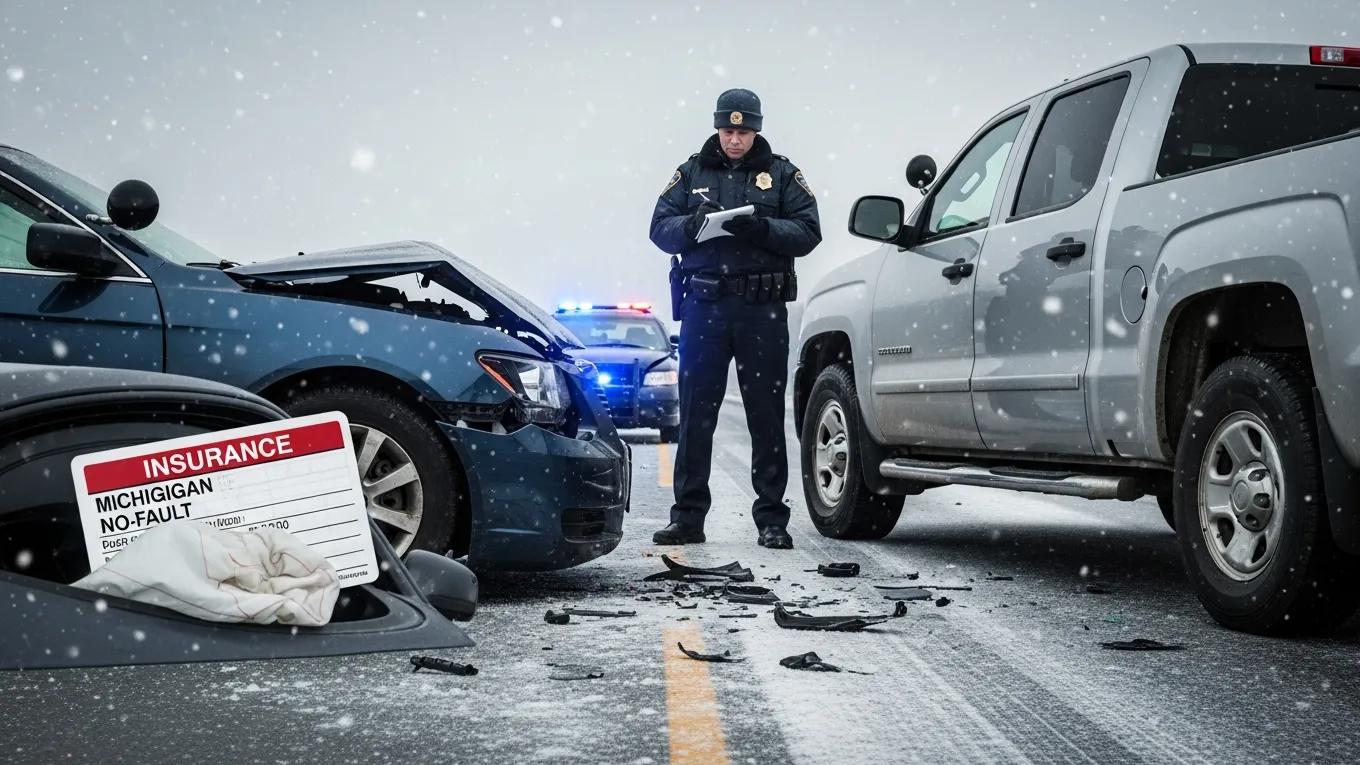 Car accident scene in Michigan with a police officer documenting the incident