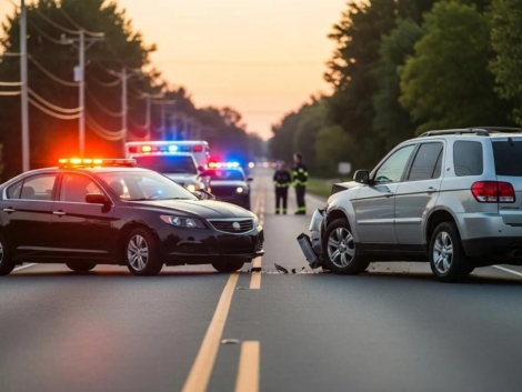 Emergency vehicles lined up on road after nighttime accident