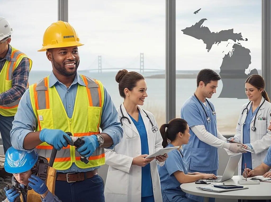 Diverse group of workers in Michigan showcasing teamwork and safety in various industries
