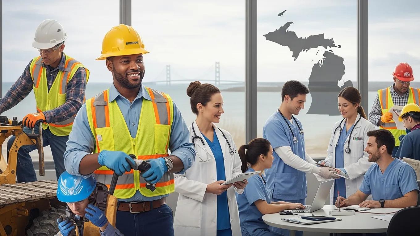 Diverse group of workers in Michigan showcasing teamwork and safety in various industries