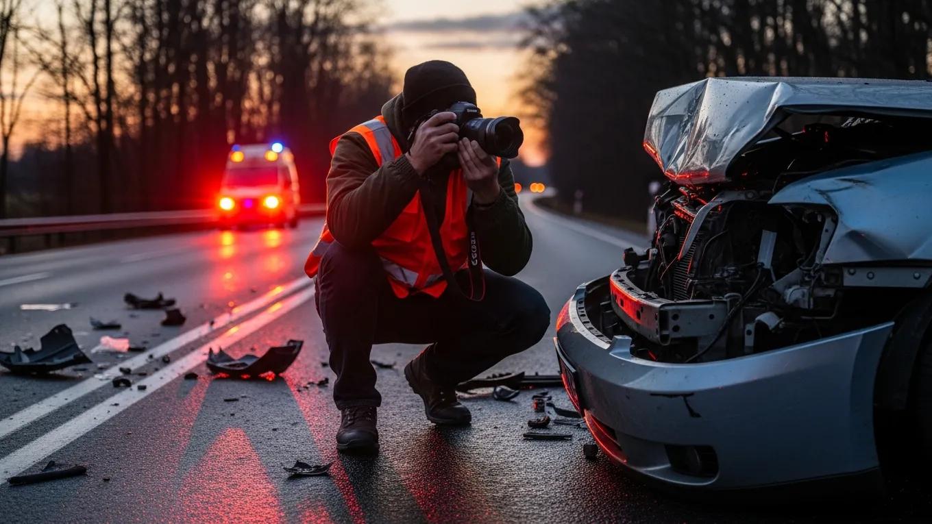Individual documenting an accident scene with photographs, highlighting evidence collection