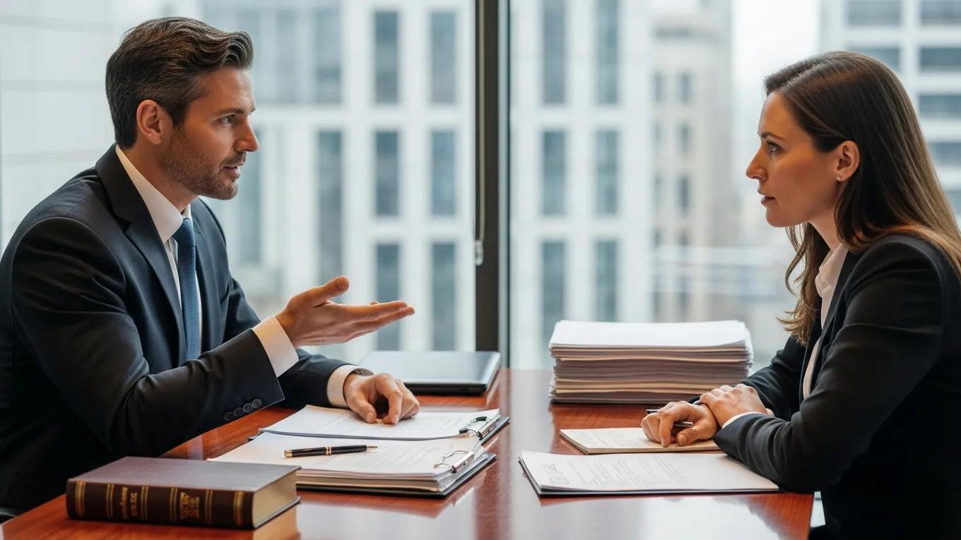 Lawyer consulting with a client about personal injury settlement negotiations, showcasing legal representation