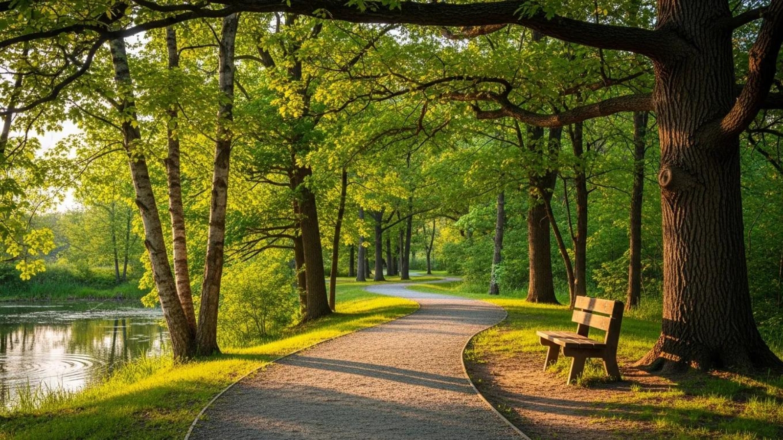 Paved walking path through green park with benches
