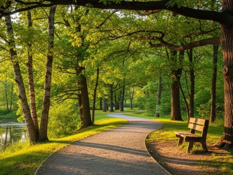 Paved walking path through green park with benches