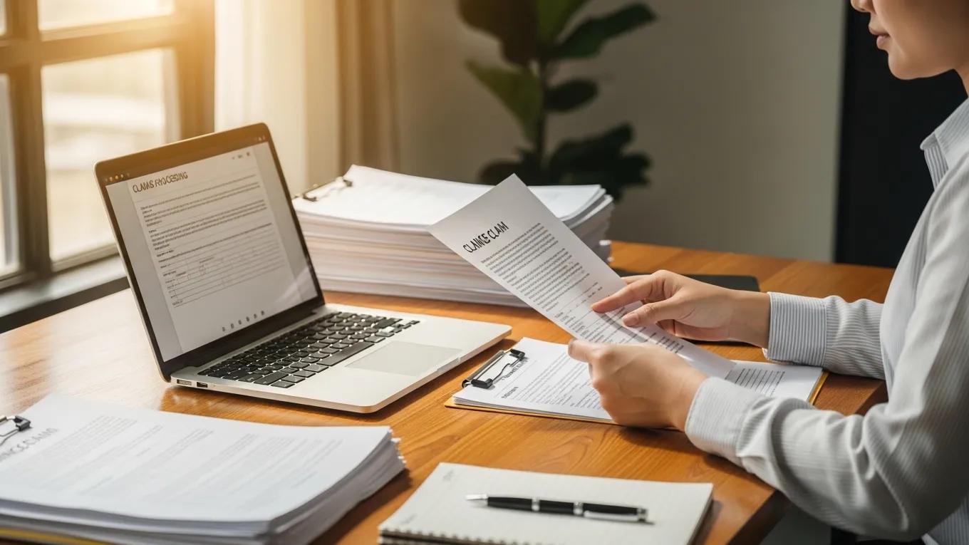 Person reviewing insurance claim documents at a desk