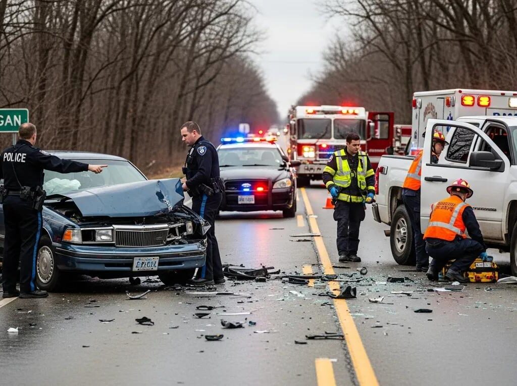 Car accident scene in Michigan with police, ambulance, and damaged vehicles illustrating motor vehicle accident injuries.
